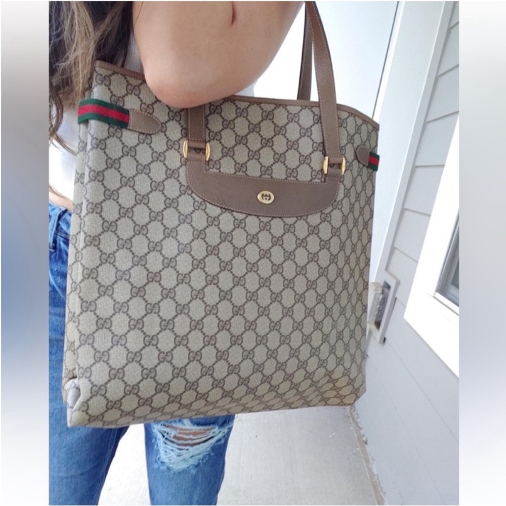 Authentic Gucci GG Canvas Web Sherry Line Tote bag large brown monogram canvas